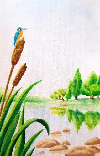 Lorna, Kingfisher in summertime, watercolour.